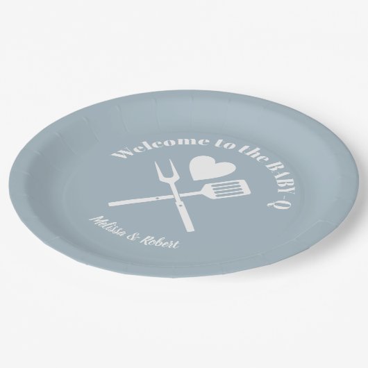 青モダン無地のベビー-QベビーシャワーBBQ ペーパープレート (アングル)