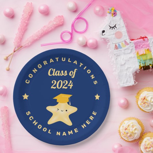 青モダン王室のと金ゴールドの卒業星 ペーパープレート (パーティー)