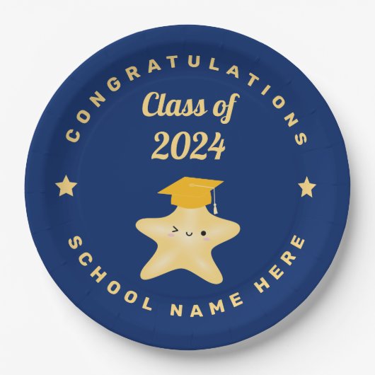 青モダン王室のと金ゴールドの卒業星 ペーパープレート (正面)