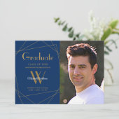 青モダン王室の写真モノグラム卒業 案内状 (スタンド正面)