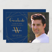 青モダン王室の写真モノグラム卒業 案内状 (正面/裏面)