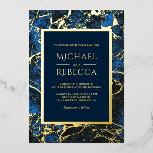 青モダン王室の大理石の写真結婚の金ゴールド 箔招待状 (正面)