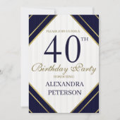 青モダン王室の白と金ゴールドストライプ誕生日 招待状 (正面)