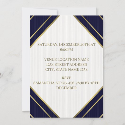 青モダン王室の白と金ゴールドストライプ誕生日 招待状 (裏面)