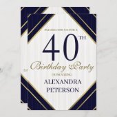 青モダン王室の白と金ゴールドストライプ誕生日 招待状 (正面/裏面)