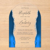 青モダン王室の銀の結婚アーチ アクリル招待状 (正面)