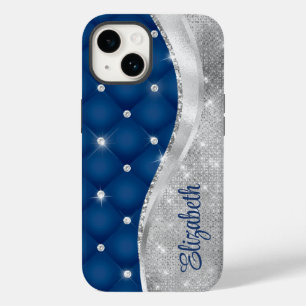 青モダン王室の銀グリッターモノグラム Case-Mate iPhone 14ケース