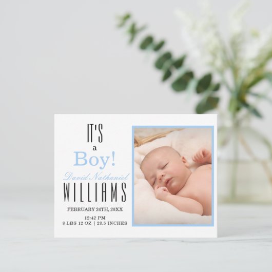 青モダン男の子だ！ベビー誕生発表 ポストカード (スタンド正面)