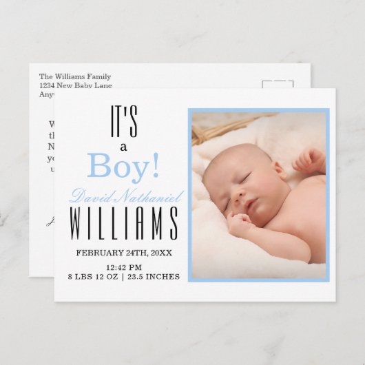 青モダン男の子だ！ベビー誕生発表 ポストカード (正面/裏面)