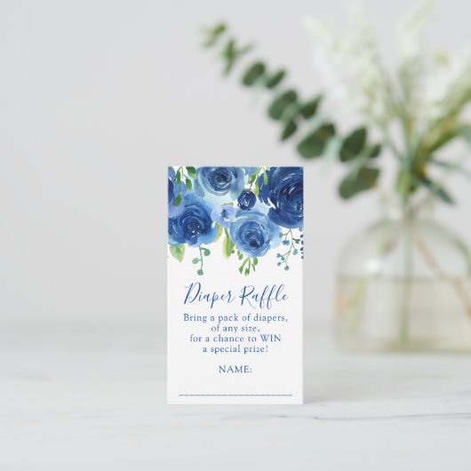 青モダン男の子の赤ちゃんシャワーおむつラッフル エンクロージャーカード (スタンド正面)