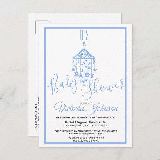 青モダン男の赤ちゃんシャワー招待状 インビテーションポストカード (正面/裏面)