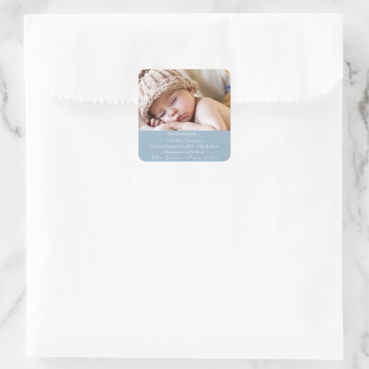 青モダン男の赤ちゃん写真誕生のお知らせ スクエアシール (バッグ)