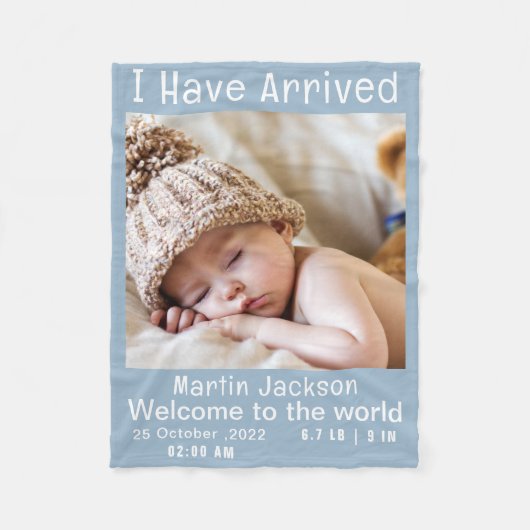 青モダン男の赤ちゃん写真誕生のお知らせ フリースブランケット (正面)