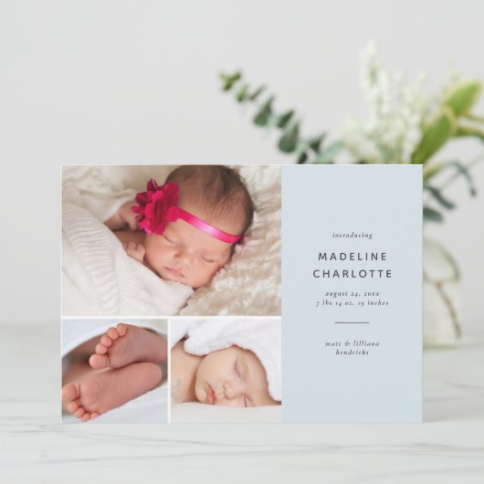 青モダン男の赤ちゃん数々の – フォト誕生 案内状 (スタンド正面)