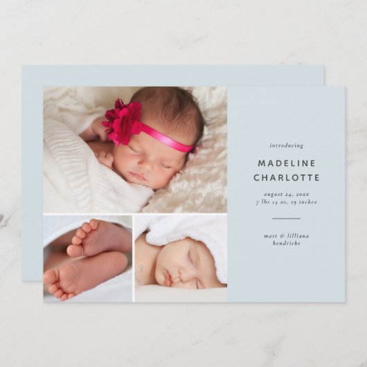 青モダン男の赤ちゃん数々の – フォト誕生 案内状 (正面/裏面)