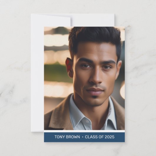 青モダン白の写真卒業発表 案内状 (裏面)