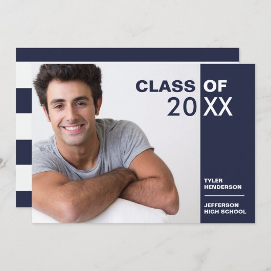 青モダン白の卒業写真パーティー招待状 招待状 (正面/裏面)