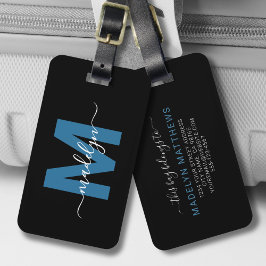 青モダン白の名前モノグラム ラゲッジタグ