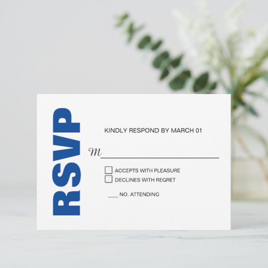 青モダン白の結婚式RSVP応答の返信 出欠カード (スタンド正面)