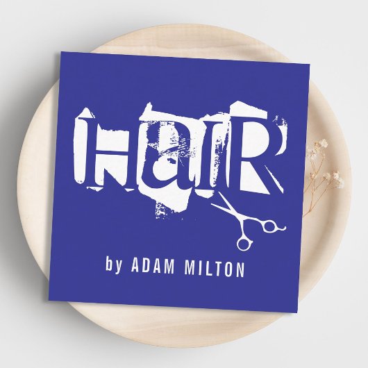 青モダン白はさみ美容師 スクエア名刺