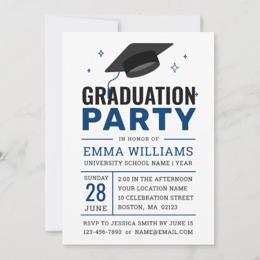 青モダン白はっきりした写真卒業パーティー 招待状 (正面)