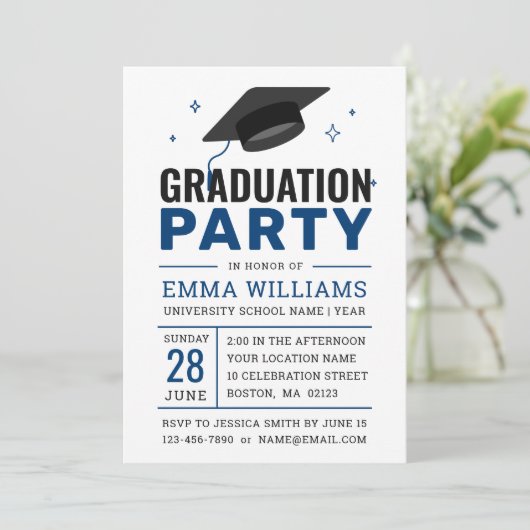 青モダン白はっきりした写真卒業パーティー 招待状 (スタンド正面)