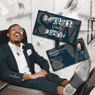 青モダン白グレーとフォトロゴモノグラム 名刺