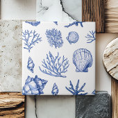 青モダン白シーシェルコーラル海パターン タイル