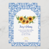 青モダン白タイルひまわり結婚のカード 招待状 (正面/裏面)