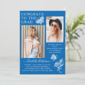 青モダン白バタフライ写真卒業パーティー 招待状 (スタンド正面)