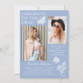 青モダン白バタフライ写真卒業パーティー 招待状 (正面)