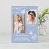 青モダン白バタフライ写真卒業パーティー 招待状 (スタンド正面)