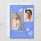 青モダン白バタフライ写真卒業パーティー 招待状 (正面)