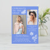 青モダン白バタフライ写真卒業パーティー 招待状 (スタンド正面)