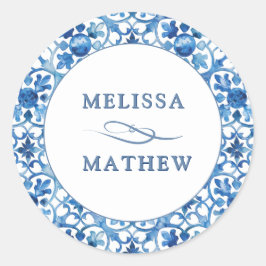 青モダン白パタン新郎新婦結婚ズ ラウンドシール