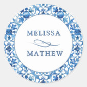 青モダン白パタン新郎新婦結婚ズ ラウンドシール (正面)