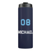 青モダン白プレイヤー名ジャージー番号スポーツ タンブラー (正面)