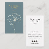 青モダン白ラインアートフローラスケッチエレガント 名刺 (正面/裏面)