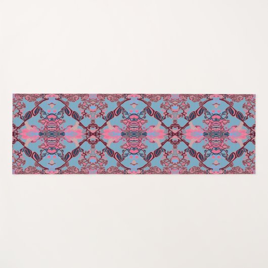 青モダン紫ピンクのシックなバロック柄 ヨガマット (正面(横))