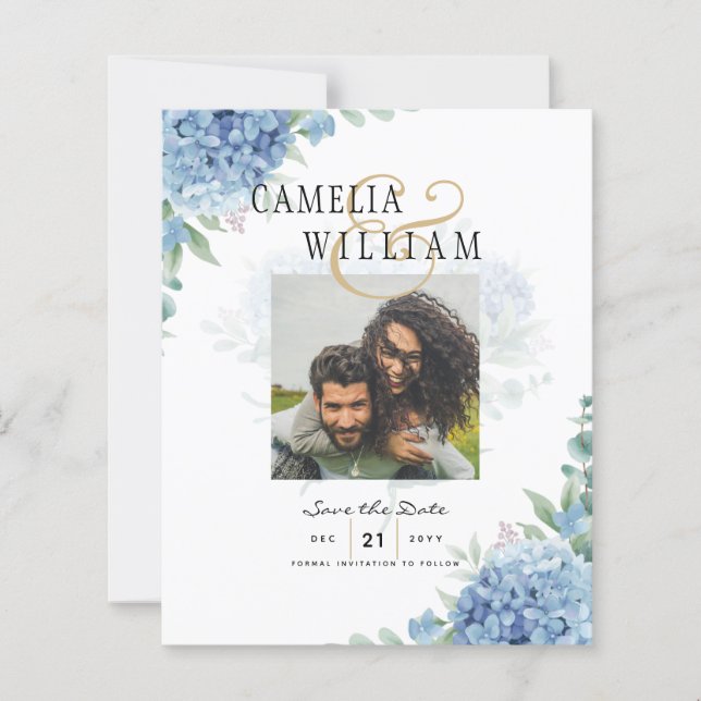 青モダン紫陽花結婚式招待状QRコード (正面)