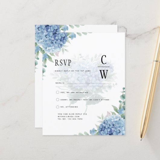 青モダン紫陽花結婚式招待状QRコード (正面/裏面インサイチュ)