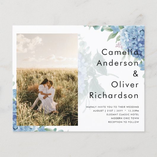 青モダン紫陽花PHOTO結婚式招待状 チラシ (正面)