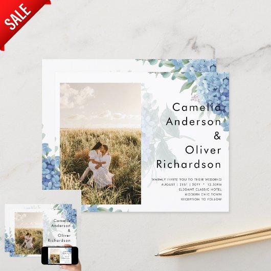 青モダン紫陽花PHOTO結婚式招待状 招待状