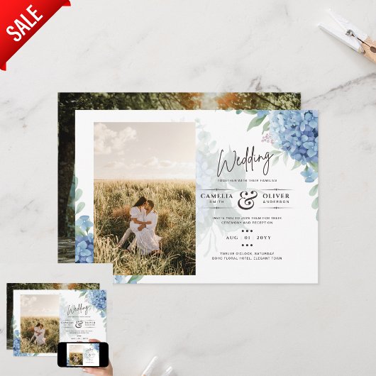 青モダン紫陽花PHOTO結婚式招待状 招待状