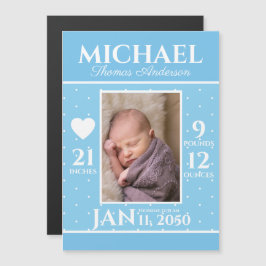 青モダン統計生まれたばかりのベビー誕生発表 マグネット招待状