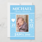 青モダン統計生まれたばかりのベビー誕生発表 マグネット招待状 (正面)