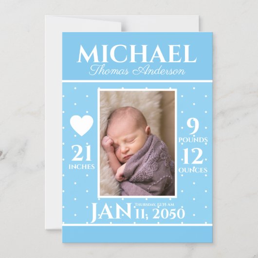 青モダン統計生まれたばかりのベビー誕生発表 マグネット招待状 (正面)