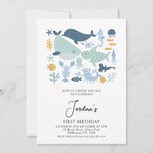 青モダン緑の海の男の子の下の最初の誕生日 招待状 (正面)