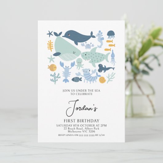 青モダン緑の海の男の子の下の最初の誕生日 招待状 (スタンド正面)