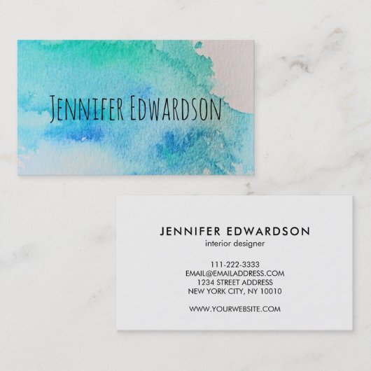 青モダン緑ティール（緑がかった色）水彩プロフェッショナル 名刺 (正面/裏面)